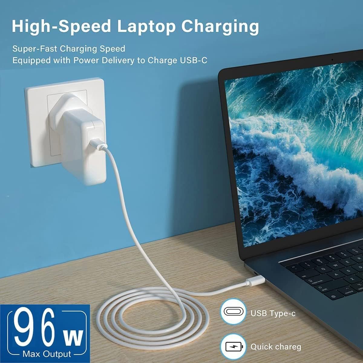 Pritzker 96W USB-C Fast Charger Replacement Type C Power Adapter for MacBook Pro 16/15/14/13'', Air, 12'' - Includes USB-C to C Cable (6.57ft/2m) - Image 2