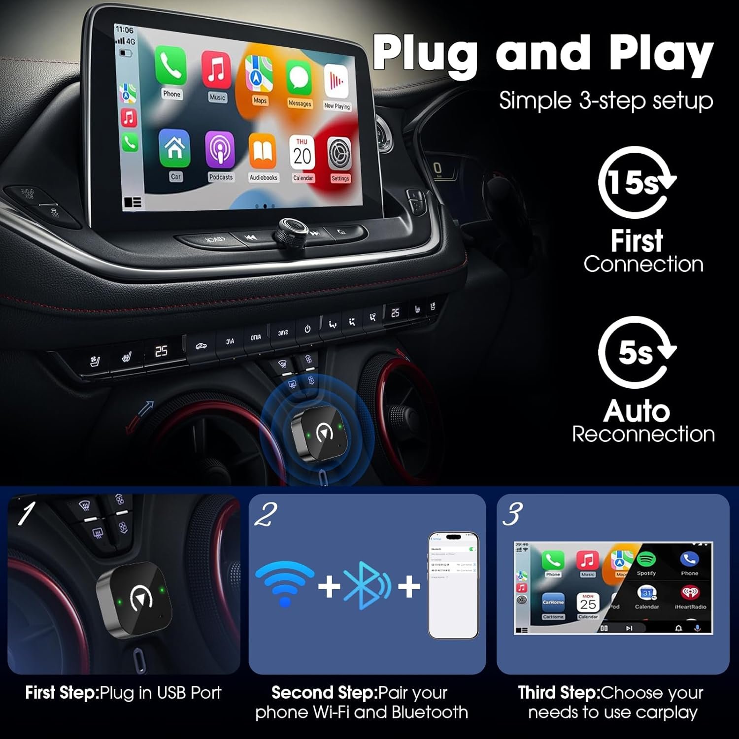 Wireless Carplay Adapter & Android Auto 2025 Upgrade Wired CarPlay to Wireless,2-in-1 Mini USB Design with Fast Stable Connection Car Play for Apple iOS 10+, Android 11+ Version - Image 4
