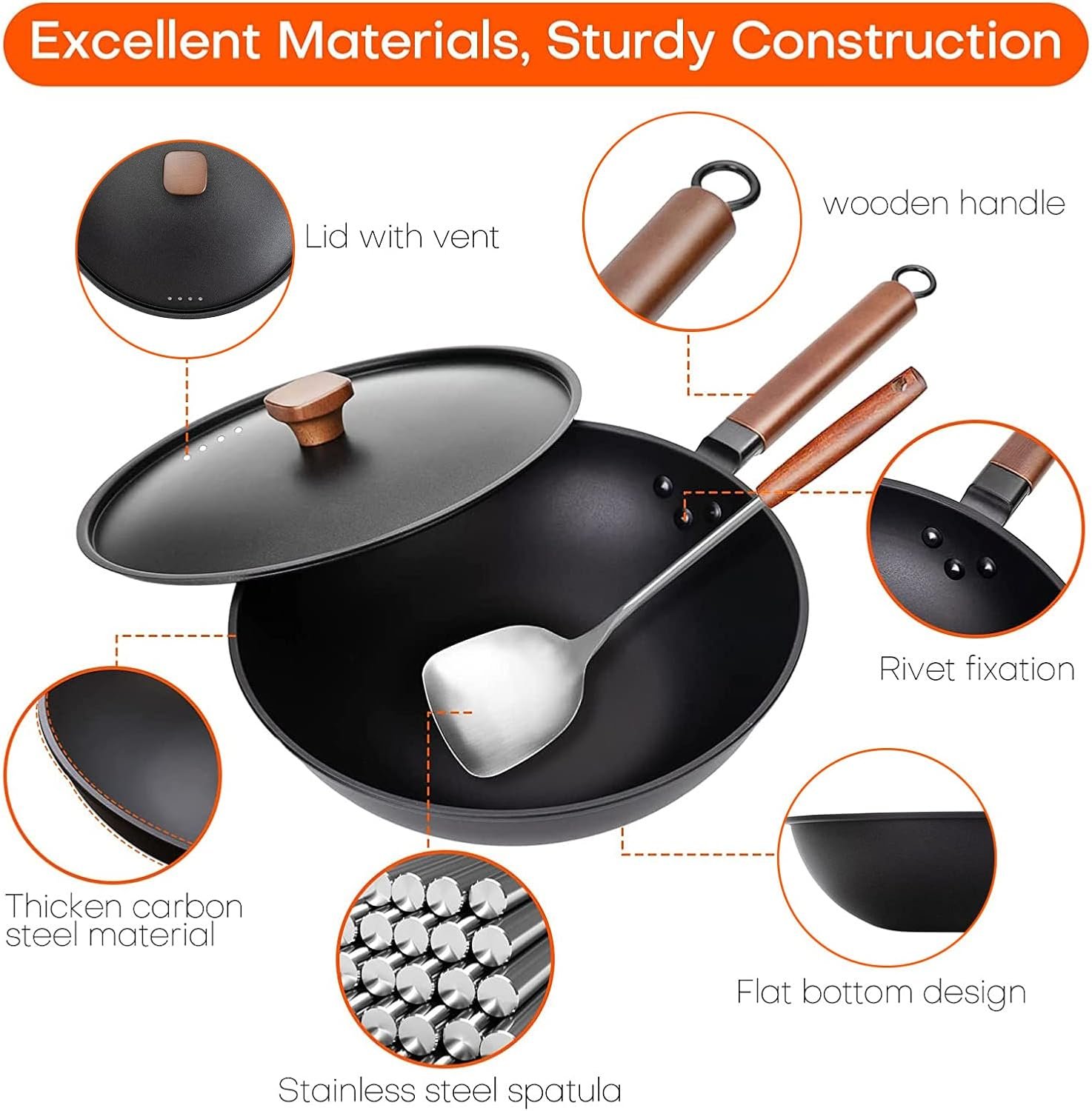 Angju Carbon Steel Wok, 30cm Wok Pan with Lid and Spatula, Nonstick Woks and Stir-fry Pans, No Chemical Coated Flat Bottom Chinese Wok for Induction, Electric, Gas, All Stoves, black - Image 3